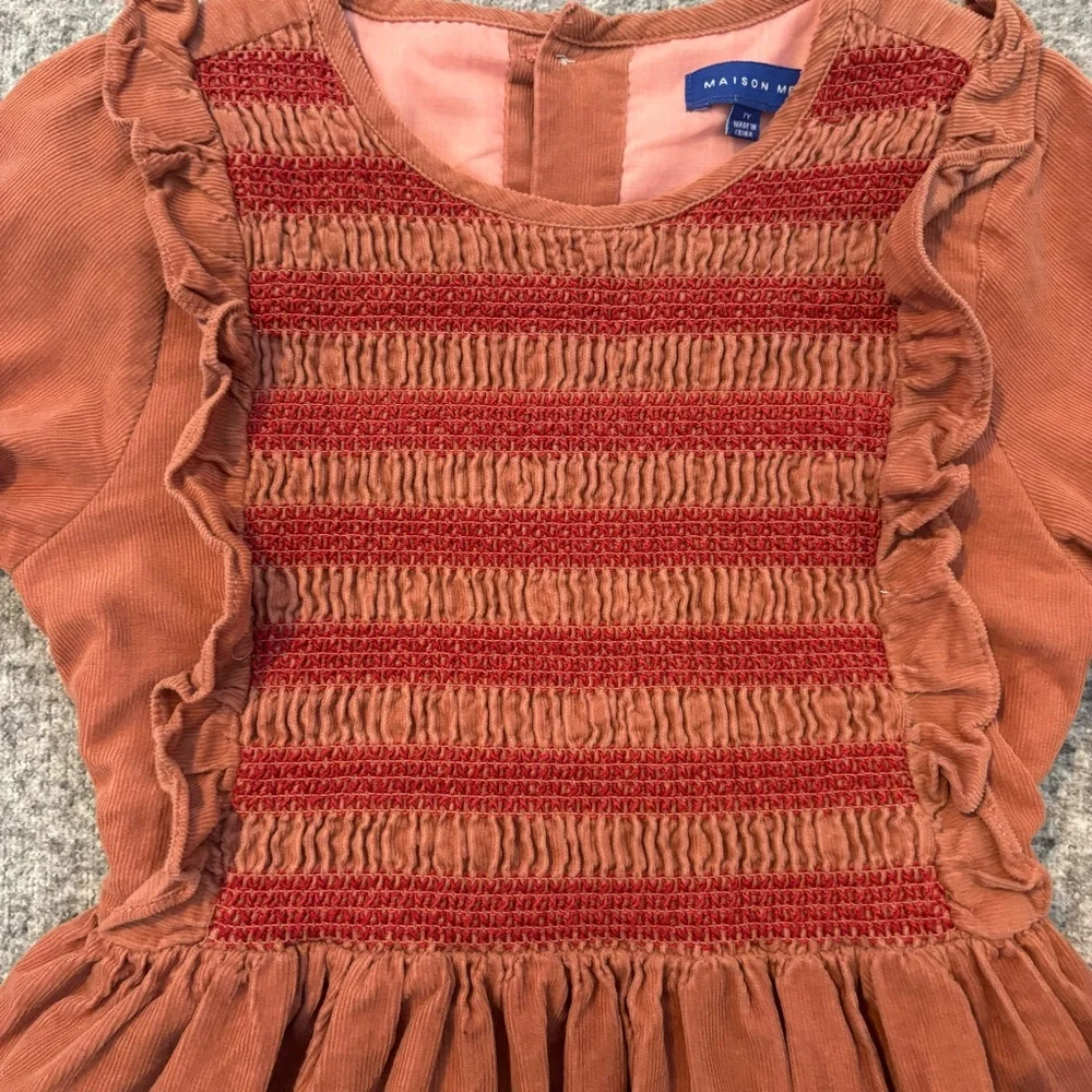 Maison Me Girls Dress Size 7 Rust Corduroy Smocked Long Sleeve Ruffle Cotton